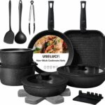 Pots and Pans Set Non Stick, Ceramic Cookware Sets 21 PCS, Granite Induction RV Kitchen Portable Stackable Cooking Set Removable Handles, Dishwasher & Oven Safe, Black