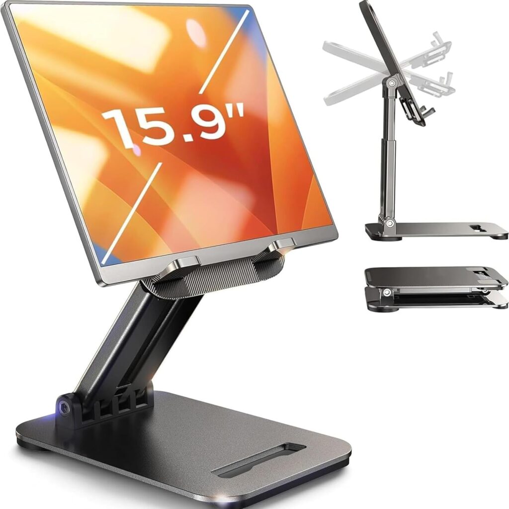 LISEN Tablet Stand for iPad Holder, Foldable Home Office iPad Accessories Kindle Best Desk Accessories for Women Portable Monitor Stand Gifts Gadgets Holder Bed Fits Tabs iPhone 4-15.9″ Black