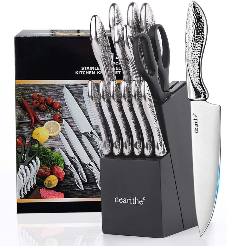 Knife Sets for Kitchen with Block, 14 Piece High Carbon Stainless Steel Knife Block Set with Built-in Sharpener, Professional Kitchen Knife Set, Hammered Pattern Hollowed Handle Design