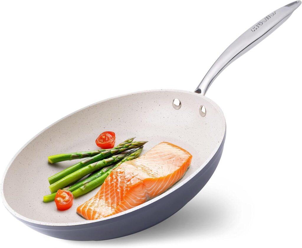 Mueller Frying Pan, Heavy Duty German Stone Coating Non Stick Frying Pans, No PFOA or APEO, Paella Pan, Dishwasher and Oven Safe, Even Heat Distribution, Cool Stainless Steel Handle, Light Grey