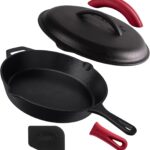 Cuisinel Cast Iron Skillet with Lid – 12″-inch Pre-Seasoned Covered Frying Pan Set + Silicone Handle & Lid Holders + Scraper/Cleaner – Indoor/Outdoor, Oven, Stovetop, Camping Fire, Grill Safe Cookware