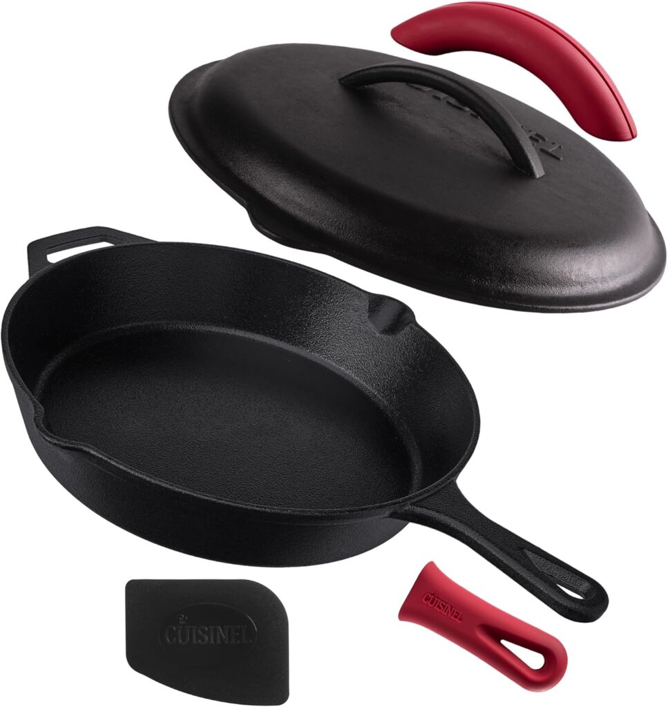 Cuisinel Cast Iron Skillet with Lid – 12″-inch Pre-Seasoned Covered Frying Pan Set + Silicone Handle & Lid Holders + Scraper/Cleaner – Indoor/Outdoor, Oven, Stovetop, Camping Fire, Grill Safe Cookware