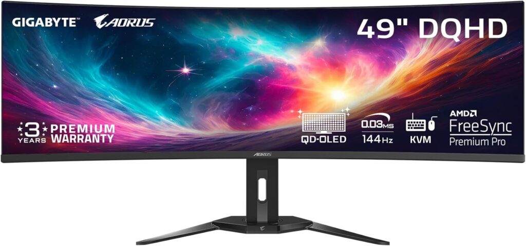 GIGABYTE – AORUS CO49DQ – 49″ QD OLED – 5120×1440 DQHD 32:9-1800R – 144Hz – 0.03ms GTG – AMD FreeSync Premium Pro – Super Ultrawide – KVM – HDMI, DP, Type C – Height Adjustable – Black