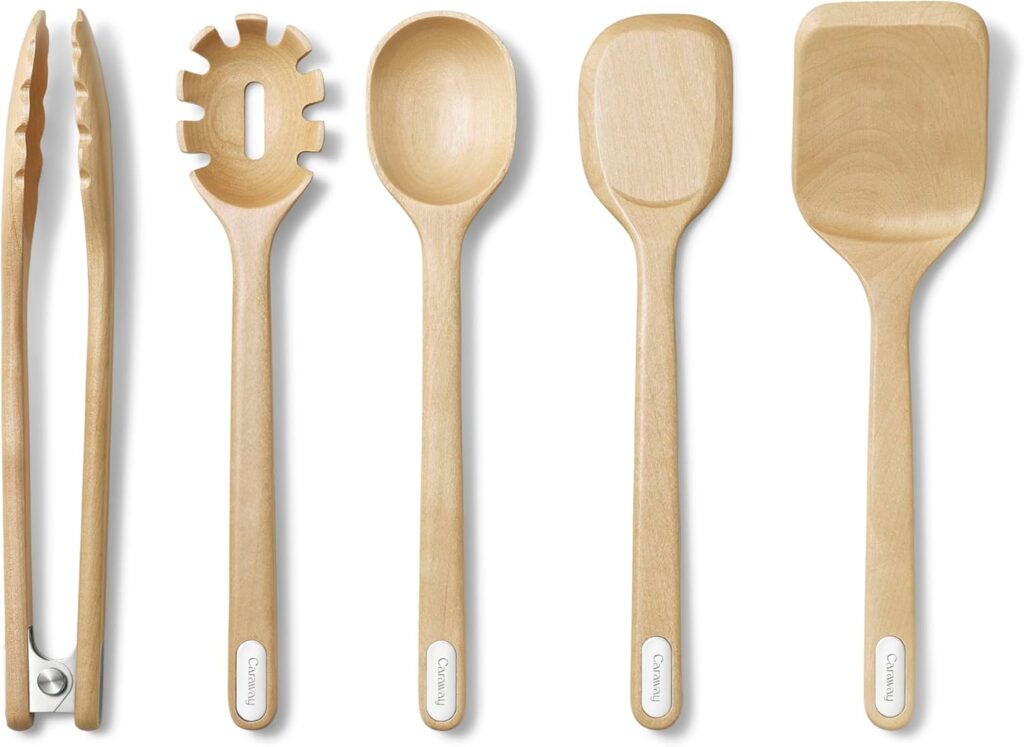 Caraway Wooden Utensil Set – 5 Piece Cooking Utensil Set – Spoon, Server, Scraper, Spatula, & Tongs – Made From FSC-Certified Birch Wood – No Microplastics