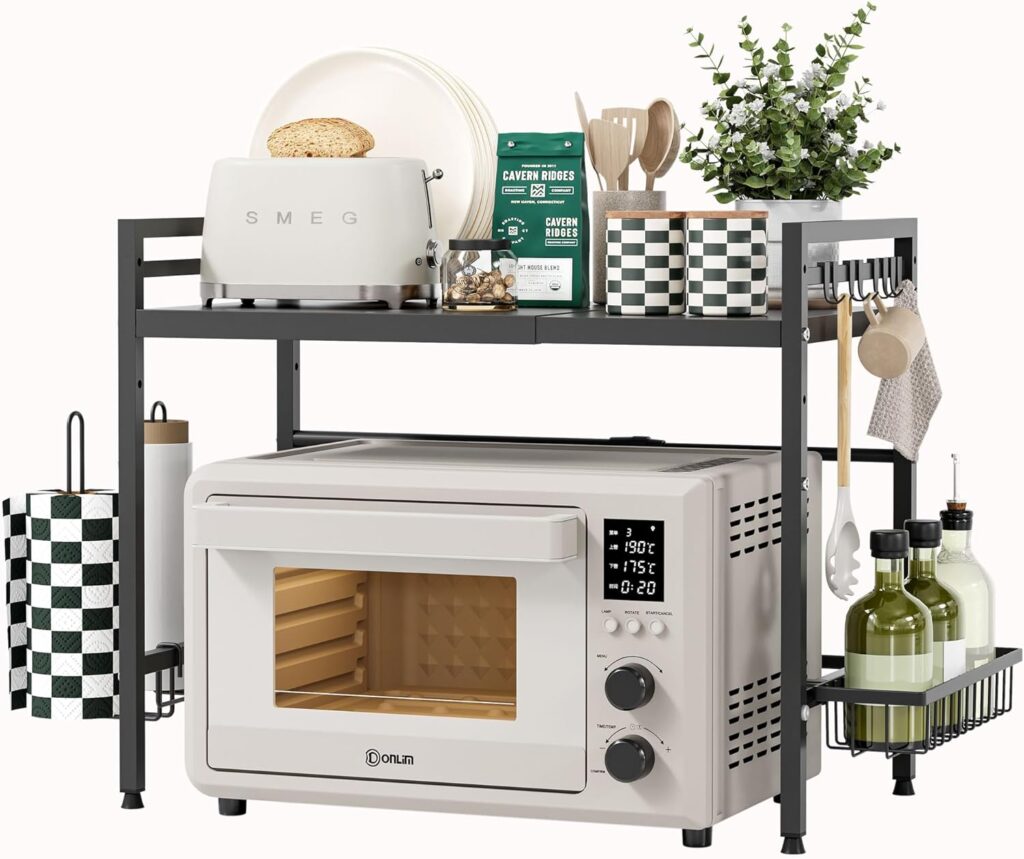 NETEL Expandable Microwave Stand,2 Tier Metal Kitchen Countertop Organizer Shelves with Paper Towel Holder and Baskets,Bakers Rack,Microwave Shelf,Microwave Oven Rack,55lbs Weight Capacity
