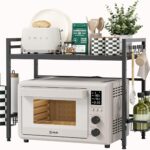 NETEL Expandable Microwave Stand,2 Tier Metal Kitchen Countertop Organizer Shelves with Paper Towel Holder and Baskets,Bakers Rack,Microwave Shelf,Microwave Oven Rack,55lbs Weight Capacity