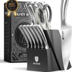 BRODARK Knife Block Set: Kitchen Knives Set with Block and Sharpener, 15 Pcs Ultra Sharp Chef knife, High Carbon Stainless Steel, Ergonomic Handle – Non-Slip Grip, Silver Wolf Series – Christmas Gift