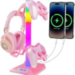 VCOM RGB Gaming Headphones Stand with 2 USB Ports, Pink Headset Stand with 10 Light Modes and Non-Slip Rubber, Suitable for PC Desk Accessories Gamers Gift(Pink)