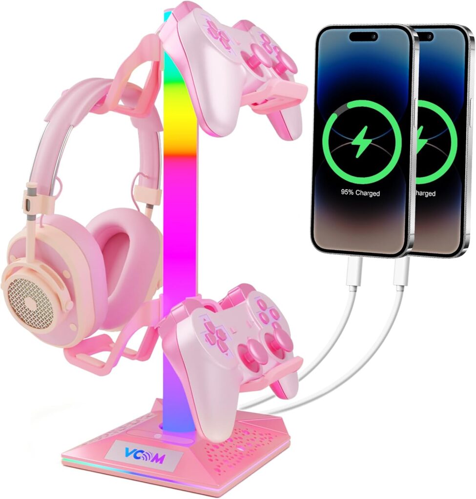 VCOM RGB Gaming Headphones Stand with 2 USB Ports, Pink Headset Stand with 10 Light Modes and Non-Slip Rubber, Suitable for PC Desk Accessories Gamers Gift(Pink)