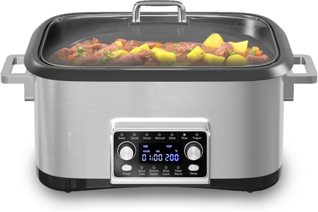 HEYNEMO 12-in-1 Programmable Slow Cooker, 8 Quart Slow Cooker with Timer, Temp Control and Auto Shut Off, Multi Cooker with Steaming Rack, Dishwasher-Safe Visual Glass Lid, Stainless Steel