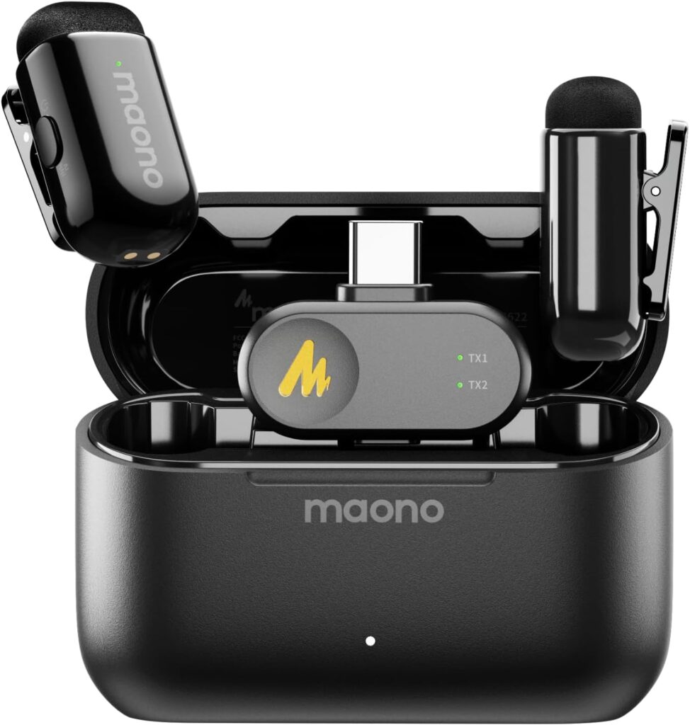 MAONO Wave T1 Mini Wireless Lavalier Microphone for iPhone 17 16 15 & Android with USB-C Plug, Noise Cancellation, AI Voice Filter, 30H Used with Charging Case for Video Recording TikTok YouTube