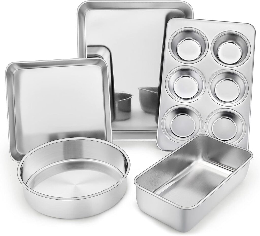 TeamFar Bakeware Sets, Stainless Steel Toaster Oven Baking Roasting Pans, Square/Round Cake Pan, Loaf Pan & Muffin Pan, Healthy & Heavy Duty, Smooth & Dishwasher Safe-5 PCS