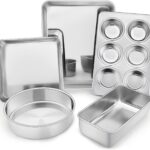 TeamFar Bakeware Sets, Stainless Steel Toaster Oven Baking Roasting Pans, Square/Round Cake Pan, Loaf Pan & Muffin Pan, Healthy & Heavy Duty, Smooth & Dishwasher Safe-5 PCS