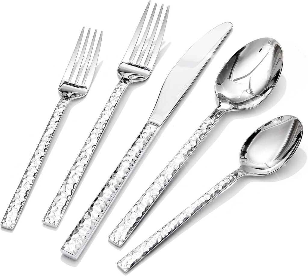 KINGSTONE 20 Piece Hammered Silverware Set, 18/10 Stainless Steel Flatware Set for 4, Cutlery Set for Home, Party, Wedding, Mirror Polished Dishwasher Safe