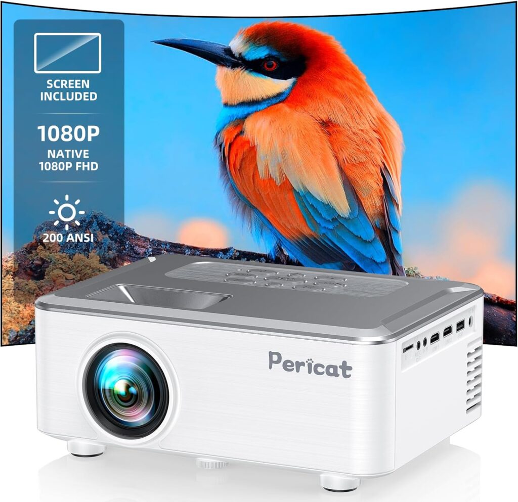 Projector with WIFI and Bluetooth, Outdoor Projector with 100” Screen, Pericat 200 ANSI 1080P HD Movie Projector with Built-in 15W Speaker, Compatible with Smartphone, TV Stick, XBox, USB, HDMI, PC
