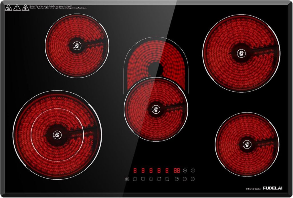 30 Inch Electric Cooktop 5 Burners, 30″ 8500W Infrared Cooker with Touch Control & Timer, Built-in/Countertop 9 Power Levels, Child Lock, Auto Safety, Easy-Clean Glass (No Plug)