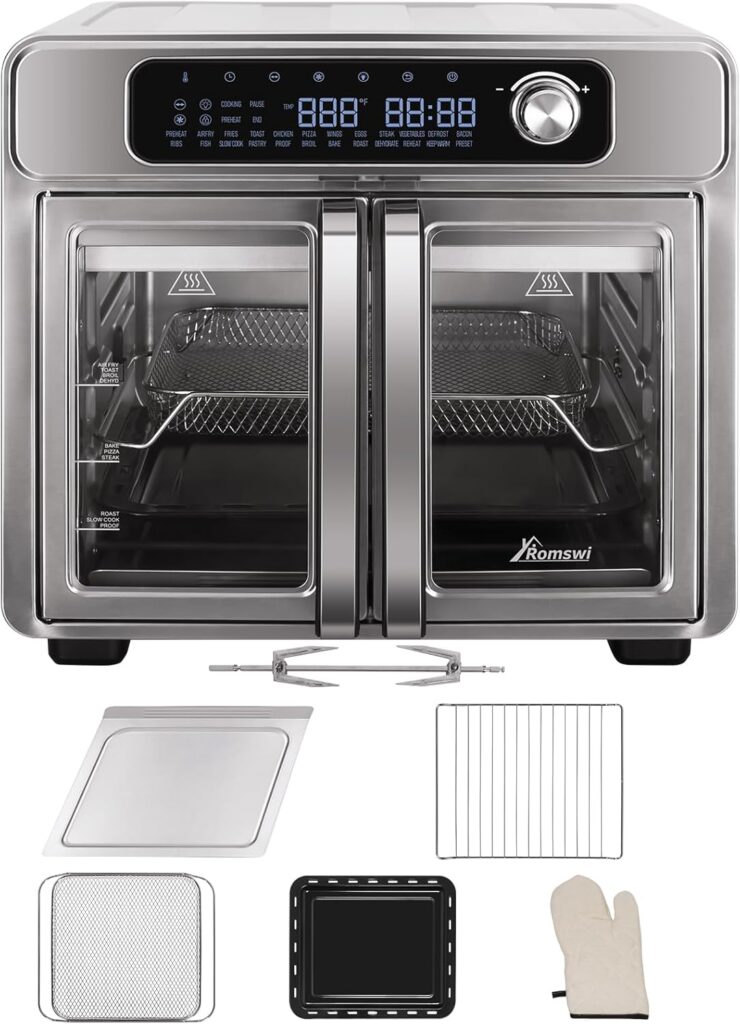Extra Large French Door Air Fryer Toaster Oven Combo, 24 Cooking Functions and Digital Controls, 6 Accessories Included, Stainless Steel Finish, 26QT Capacity, Fits 12″ Pizza, Rotisserie 6lb Chicken