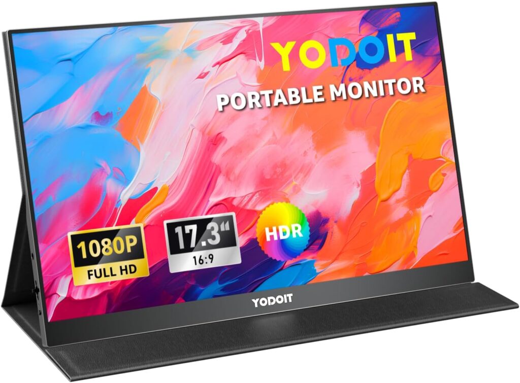 Yodoit Portable Monitor for Laptop 1920×1080 17.3″ FHD Screen IPS Display with USB Type C Port, Built-in Speakers and Smart Cover Compatible with PC, MacBook, Xbox (Black)