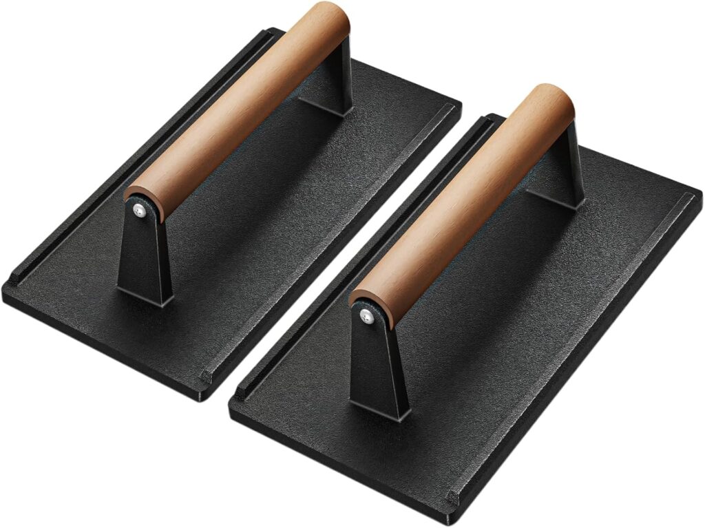 Yoehka Cast Iron Grill Press-2PCS, Heavy Duty Bacon/Burger/Griddle/Chef Press with Wood Handle, Perfectly Grilled Steak,Meat,Sandwich,Panini, 2.25lbs Cooking Weight,Rectangle(8.27″×4.25″×3.35”in)