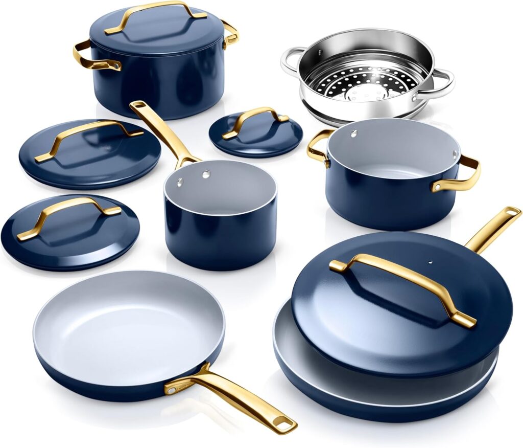 Gotham Steel Modern 11 Pc Ceramic Pots and Pans Set Non Stick, Kitchen Cookware Sets, Non Stick Pots and Pan Set, Ceramic Cookware Set, Pot and Pan Set, Non Toxic Cookware Set, Dishwasher Safe – Navy