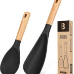 Cooking Spoon and Rice Scooper for Nonstick Cookwares, Great for Cooking and Serving Sturdy BPA-Free Matte Silicone, Wood Handle Spoon for Mixing, Scoop, and Scrape (Black)