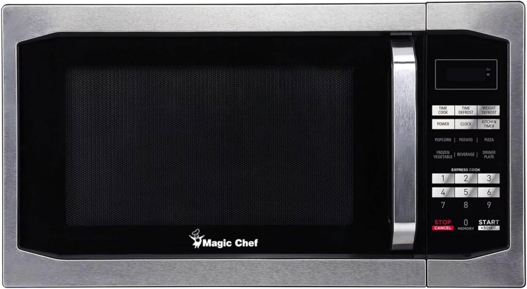 Magic Chef 1.6 Cu. Ft. 1100W Countertop Microwave Oven with Stylish Door Handle in Stainless Steel, Small Microwave with Timer, Child Safety Lock, Defrost, Express Cooking and Memory Function