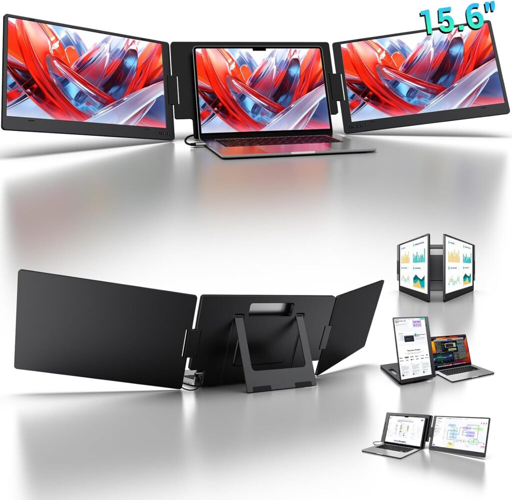 KYY 15.6″ Laptop Screen Extender, 1080P FHD IPS Portable Monitor, One Cable USB-C Triple Monitor, Dual Travel Screen for 12″-17” Laptops, 360° Rotation & Kickstand，X90D (Driver Need)