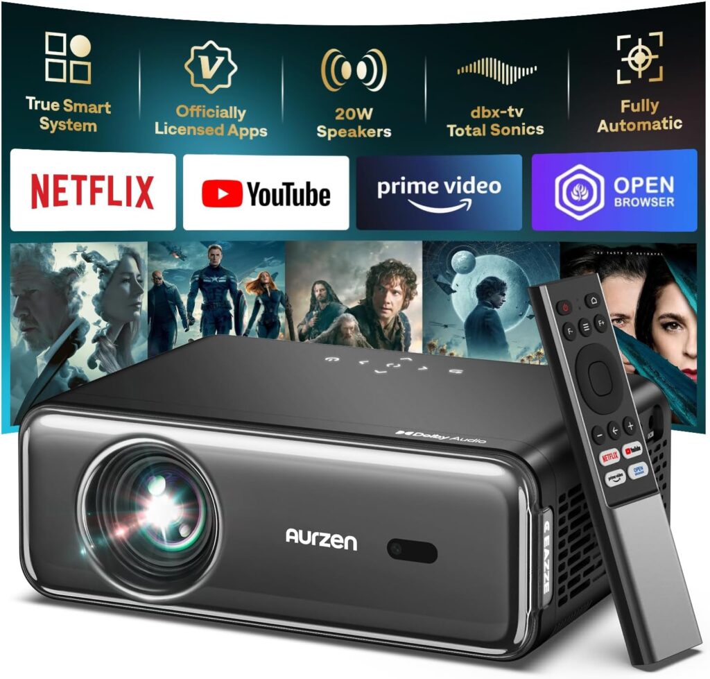Aurzen EAZZE D1 Pro Smart Projector with WiFi and Bluetooth, Netflix Official, 20W Speakers, Dolby Audio & dbx-tv Total Sonics, Auto Focus & Keystone, Native 1080P Portable Outdoor Movie Projector