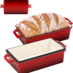 9×5 Inch Enameled Cast Iron Bread Loaf Pan with Lid, Perfect Sourdough Baking Pans | Even Heat Distribution for Homemade Bread, Cake, Meatloaf，2 Piece set，Red