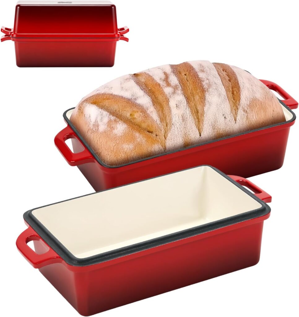 9×5 Inch Enameled Cast Iron Bread Loaf Pan with Lid, Perfect Sourdough Baking Pans | Even Heat Distribution for Homemade Bread, Cake, Meatloaf，2 Piece set，Red