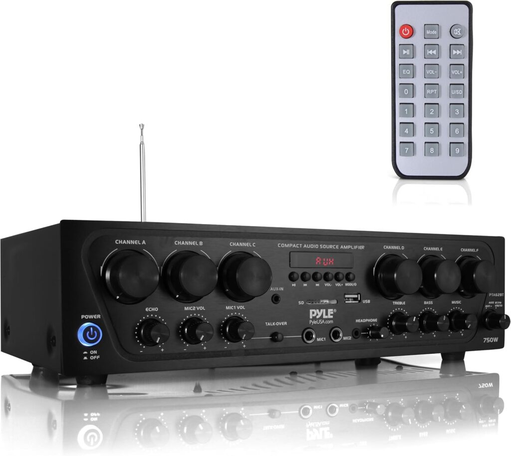 Pyle Wireless Bluetooth Karaoke-6 Channel 750 Watt Home Audio Sound Power Stereo Receiver Amplifier w/USB, Headphone, 2 Microphone Input w/Echo, Talkover for PA PTA62BT, AUX, Black