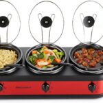 Elite Gourmet EWMST-325R Maxi-Matic Triple Slow Cooker Buffet Server Adjustable Temp Dishwasher-Safe Oval Ceramic Pots, Lid Rests, 3 x 2.5 Qt Capacity, Red