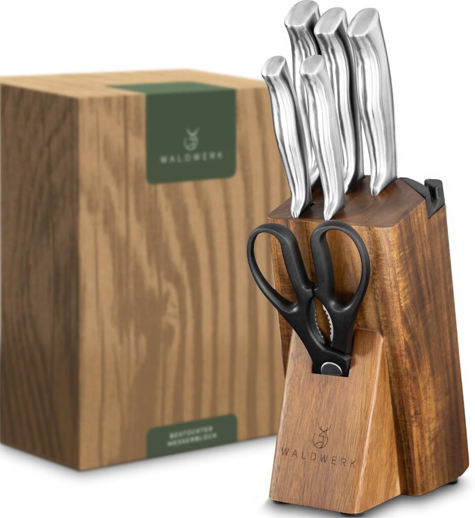 WALDWERK Knife Set – 7pcs Kitchen Knife Set with Block and Integrated Sharpener – Knife Block Set – Knife Block
