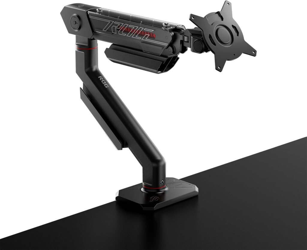 ASUS ROG Ergo Monitor Arm (AAS01) – Monitor Mount with Cable Management, Ergonomic, Pivot, Swivel, Height Fully Adjustable, Clean Desk Setup, up to 39 inches*,23lbs*, VESA 100×100, Mechanical Spring