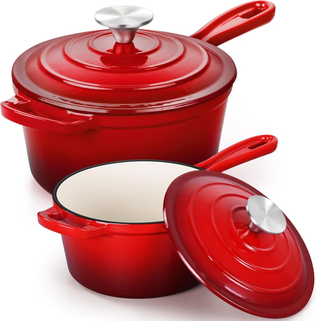 E-far Sauce Pan Set with Lid, 1Qt & 2Qt Enameled Cast Iron Pot Sets for Kitchen Cooking, Small Heavy Duty Dutch Oven Saucepans & Self-basting Lids, Induction-Ready & Easy Clean, Red