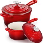 E-far Sauce Pan Set with Lid, 1Qt & 2Qt Enameled Cast Iron Pot Sets for Kitchen Cooking, Small Heavy Duty Dutch Oven Saucepans & Self-basting Lids, Induction-Ready & Easy Clean, Red