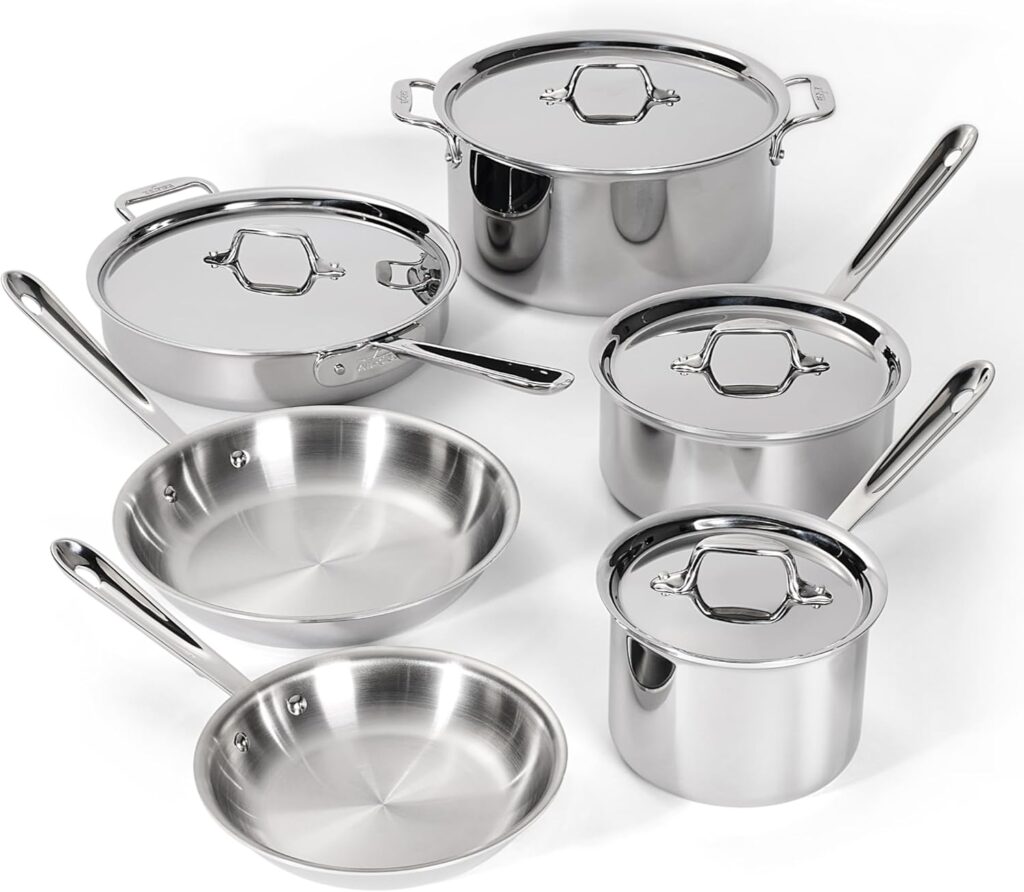 All-Clad D3 Stainless Steel Cookware Set – 10-Piece Pots and Pans Set, Induction, Oven Broiler Safe 600F – Includes Frying Pans, Saucepan, Sauté-Pan, Stockpot, Professional Cookware – Stainless Steel