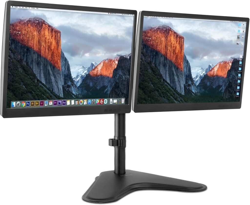Mount-It! Dual Monitor Stand for Desk – Double Monitor Mount for 2 Screens up to 32 Inch and 17 Lbs – Free-Standing Base Swivel, Tilt, Rotates 360 Adjustable Arms – VESA Compatible High Grade Steel