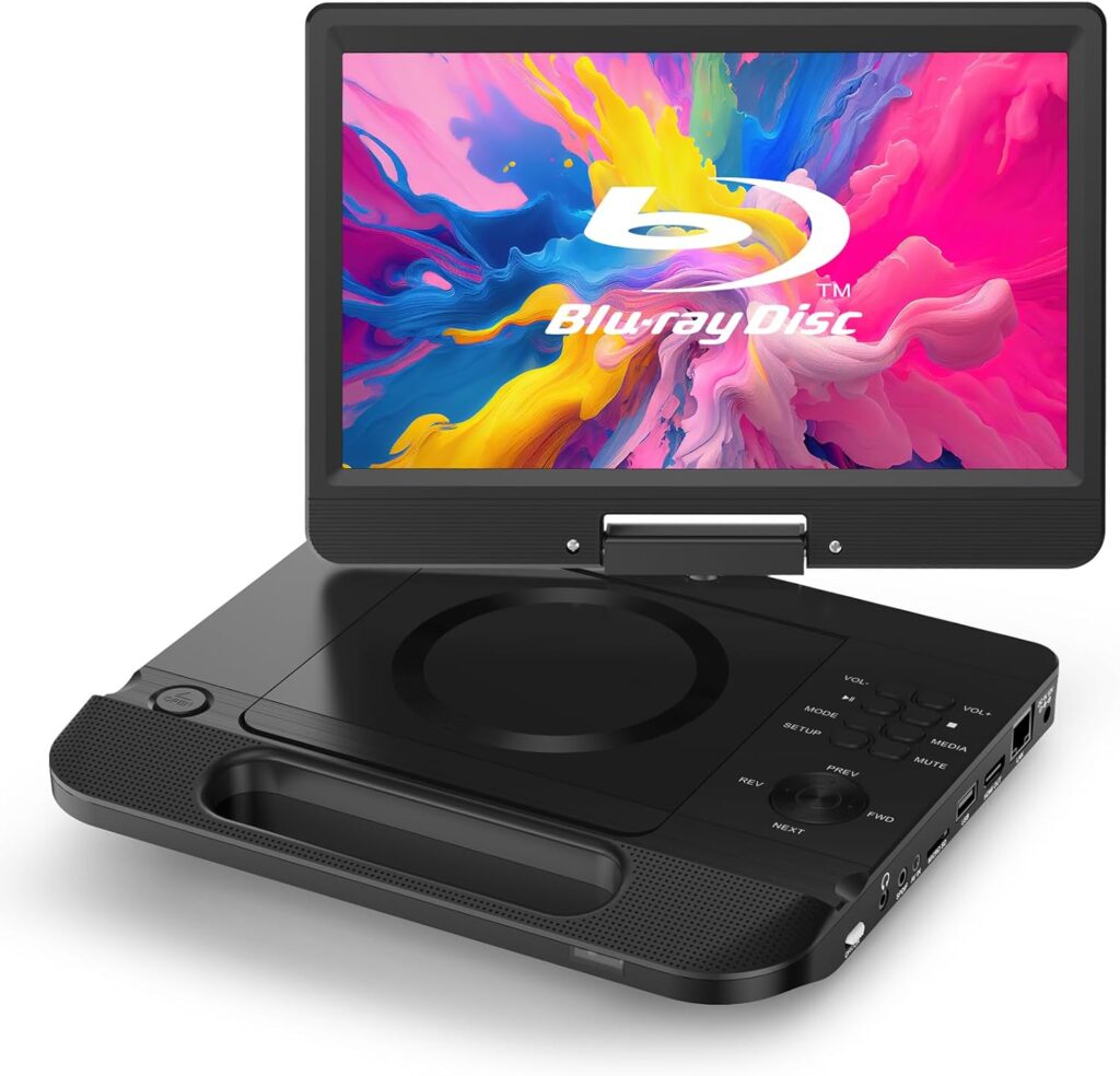FANGOR 12.5″ 1080P Portable Blu-Ray Player with 10.5″ HD Swivel Screen, HDMI Out & AV in, Multi Media Player, 5 Hours Rechargeable Battery, Supports USB/SD Card, Last Memory