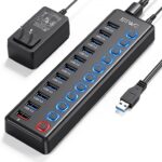 Powered USB Hub, JESWO 11 Port USB 3.0 Hub, 10 USB 3.0 Data Transfer Ports + 1 Smart Charging Port, USB Hub Powered with Individual LED On/Off Switches and 12V/3A Power Adapter