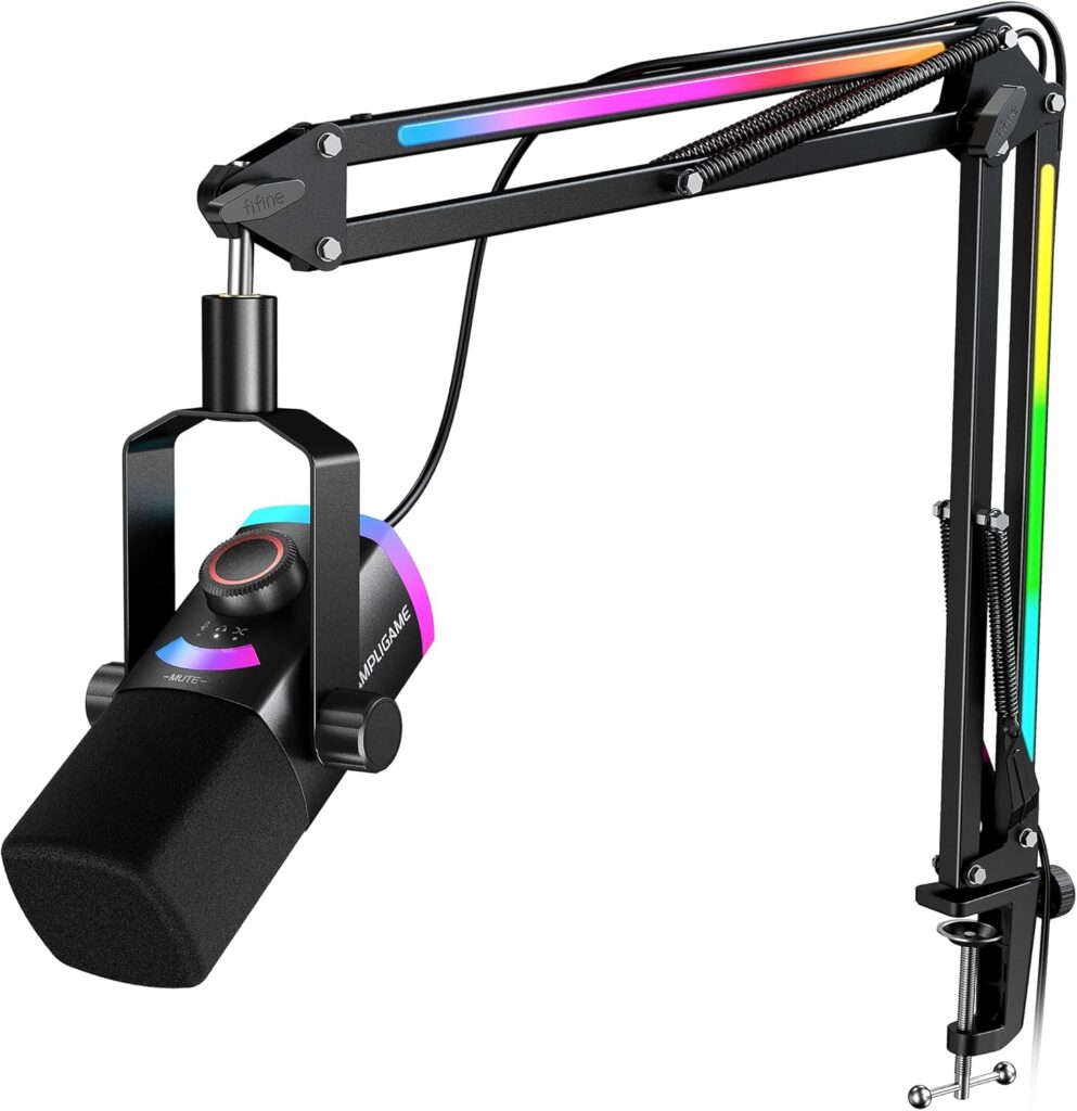 FIFINE Gaming Microphone Kit, XLR/USB Dynamic PC Microphone with Boom Arm for Podcast Recording, RGB Streaming Mic Set, Tap-to-Mute, Mix Control, Headphone Jack-AmpliGame AM8PROT