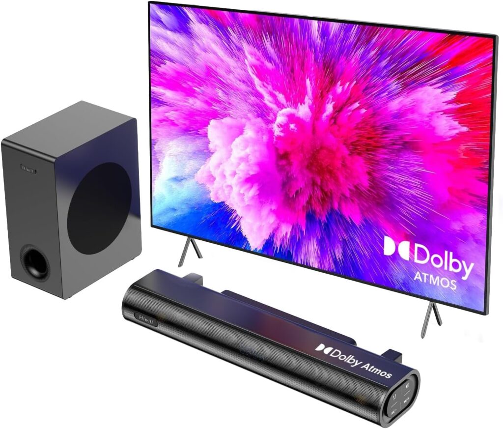 Hiwill 2.1ch Sound Bar for Smart tv, 250W Dolby Atmos Surround Sound System for TV, Home Theater Soundbar for TV, Sound bar with subwoofers, Adjustable Mode, Clear Dialogue, HDMI/eARC/ARC/Opt/BT/AUX