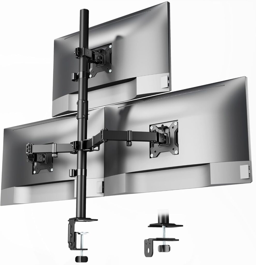 monTEK Triple Monitor Stand Mount, Fully Adjustable Desk Mount for 3 Screen up to 17”-32” and 22lbs Capacity Each Arm, Stable Monitor Arm with C Clamp and Grommet Base, VESA 75x75mm/100x100mm