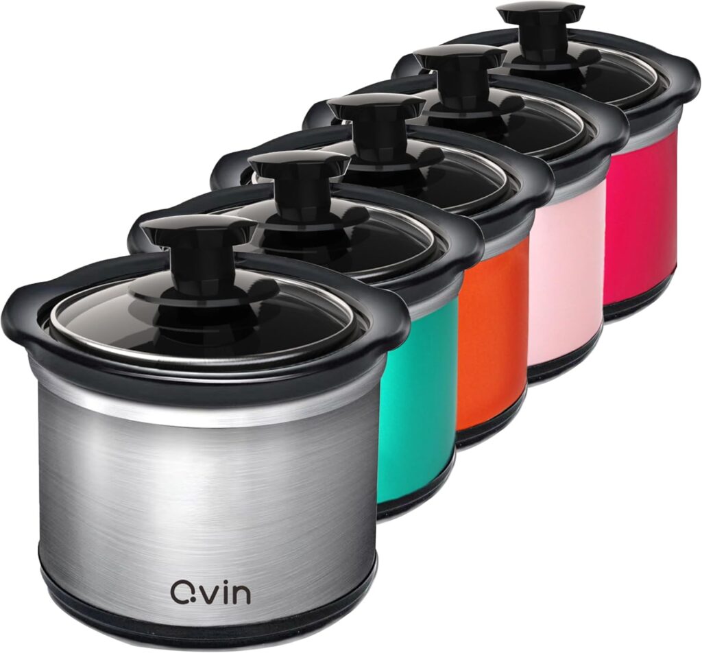 0.65-qt mini Round Slow Cooker, Fondue Melting Pot Warmer with Diswasher-safe Stoneware Crock, Glass Lid, Stainless Steel and black