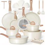 Pots and Pans Set Non Stick Non-Toxic 22 Pcs Ceramic Cookware Sets Nonstick Kitchen Pot&Pan With Lid Cream White Granite Induction Compatible with Glass Lids Crepe Frying Pan PFOA/PFOS-Free