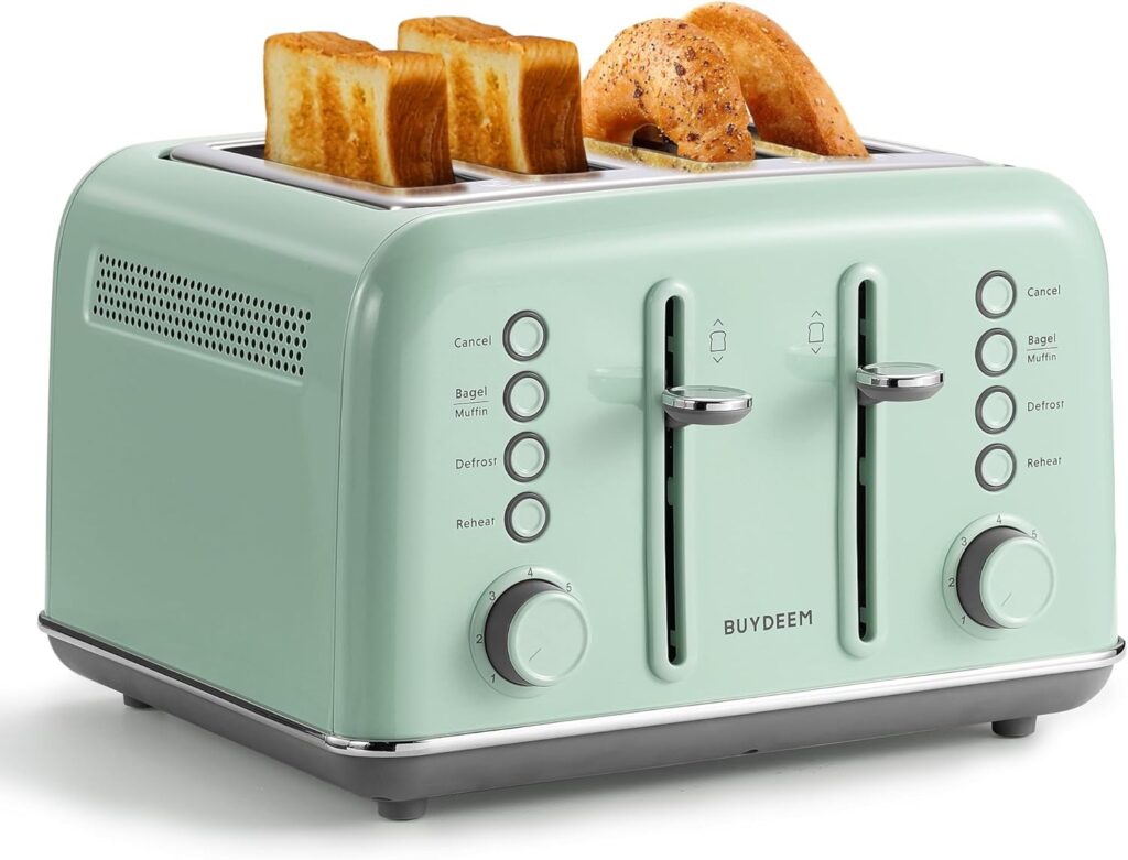 BUYDEEM DT640 Retro 4 Slice Toaster, 7 Shade Settings, Extra Wide 1.5” Slots, Stainless Steel Toaster with Bagel Muffin Defrost Reheat Function, Green