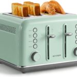 BUYDEEM DT640 Retro 4 Slice Toaster, 7 Shade Settings, Extra Wide 1.5” Slots, Stainless Steel Toaster with Bagel Muffin Defrost Reheat Function, Green