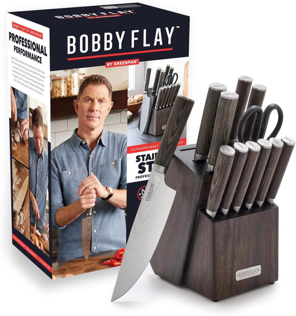 GreenPan x Bobby Flay 13 Piece Stainless Steel Cutlery Kitchen Knife Block Set, Premium Stainless Steel Blades, Acacia Wood Knife Block, Hand Finished Ergonomic Wood Handle, Damascus Steel Design