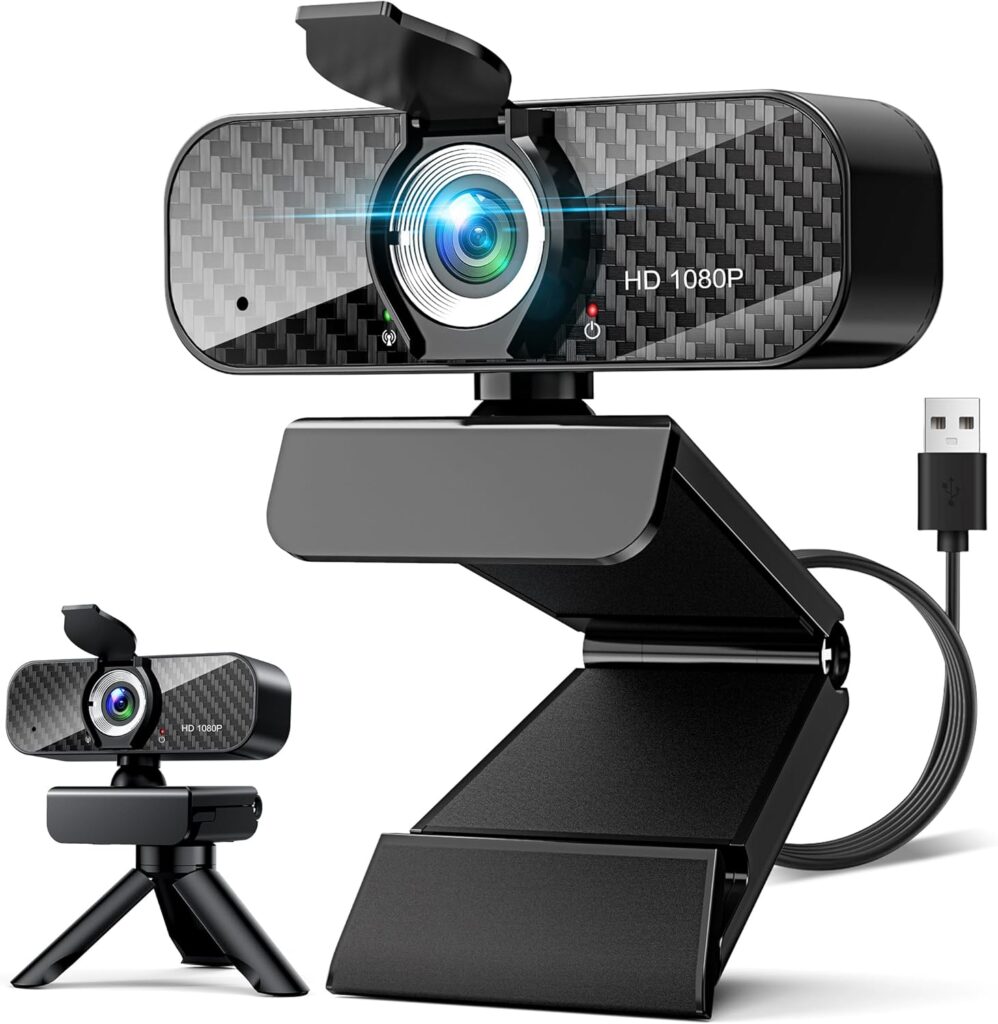 Webcam Full HD 1080P with Built-in Microphone and Rotatable Tripod, Carbon Fiber Board and Privacy Cover, Auto Light Correction, Adjustable FOV, Plug&Play for Zoom/Skype/Facetime/YouTube, Laptop/PC