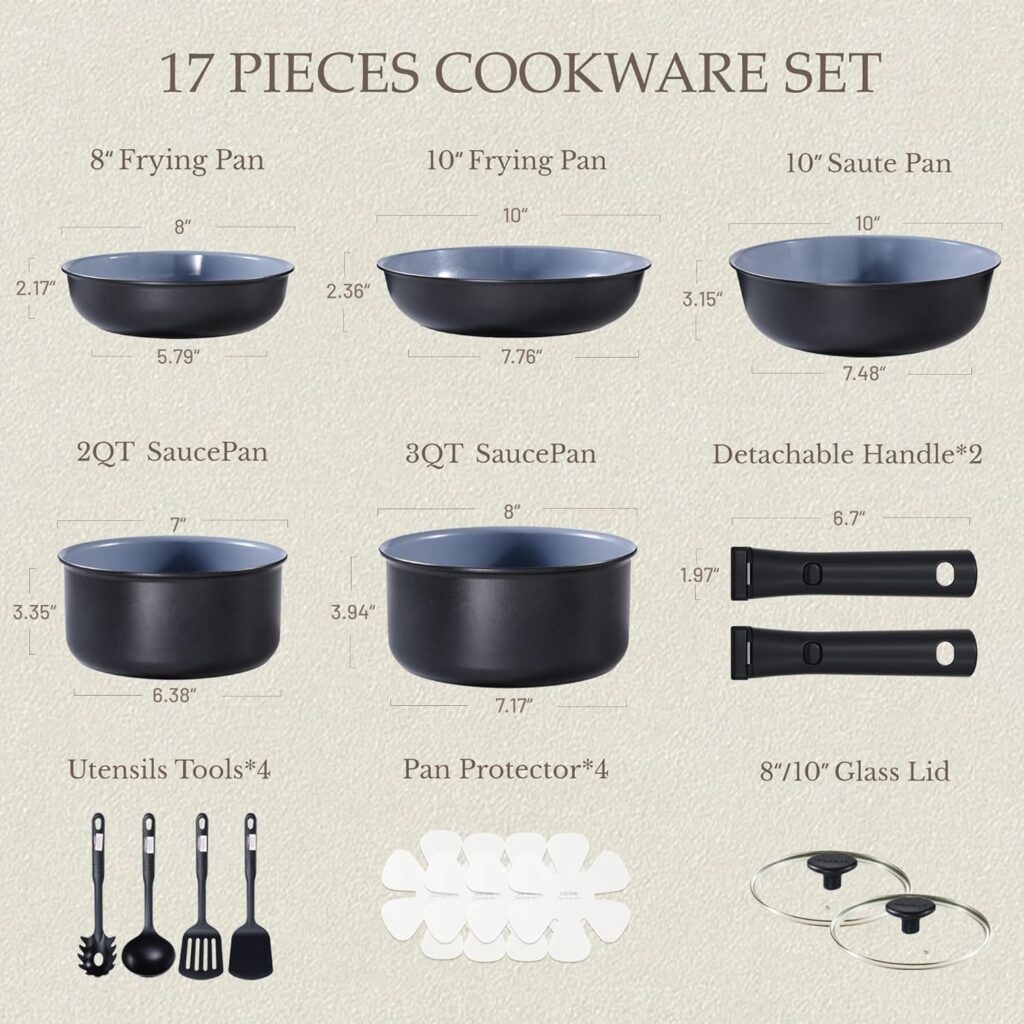 CAROTE 17PCS Ceramic Cookware Sets, Black and Gray, Pots and Pans Set Non Stick Non Toxic, Induction Cookware, Kitchen Cookware Sets, Pots Set for Healthy Cooking